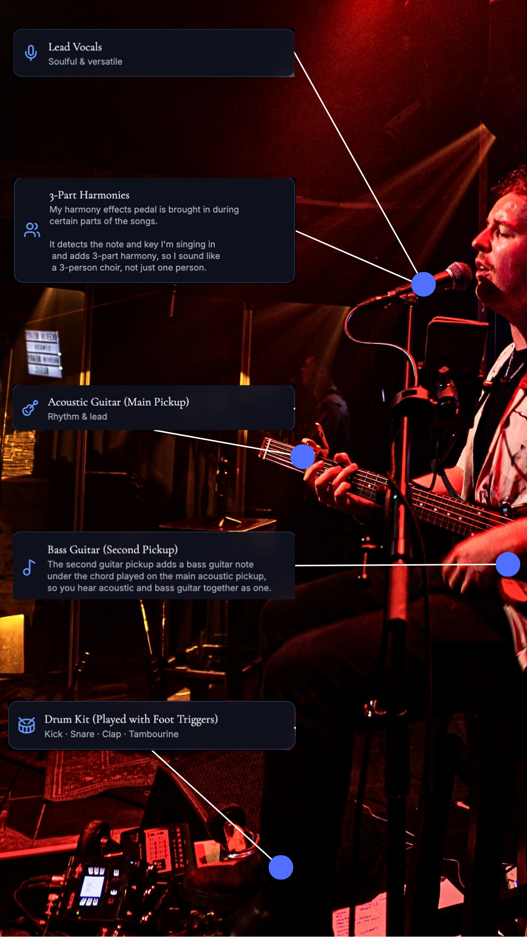 Kevin Neary's one-man-band setup on mobile — 3-part harmonies, lead vocals, acoustic guitar main pickup, bass guitar second pickup, and drum kit played with foot triggers